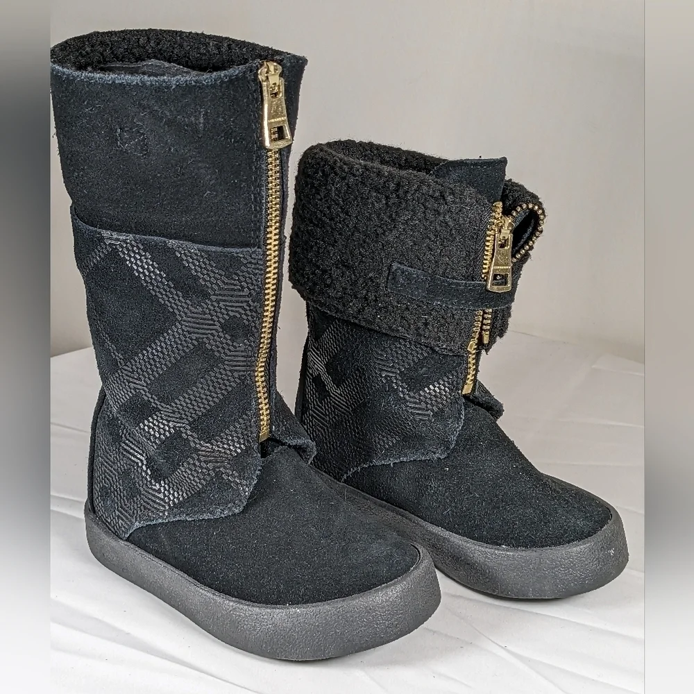 BURBERRY Girls Check Suede Leather Zip  Black Winter Boots New W/O Tags Size 23